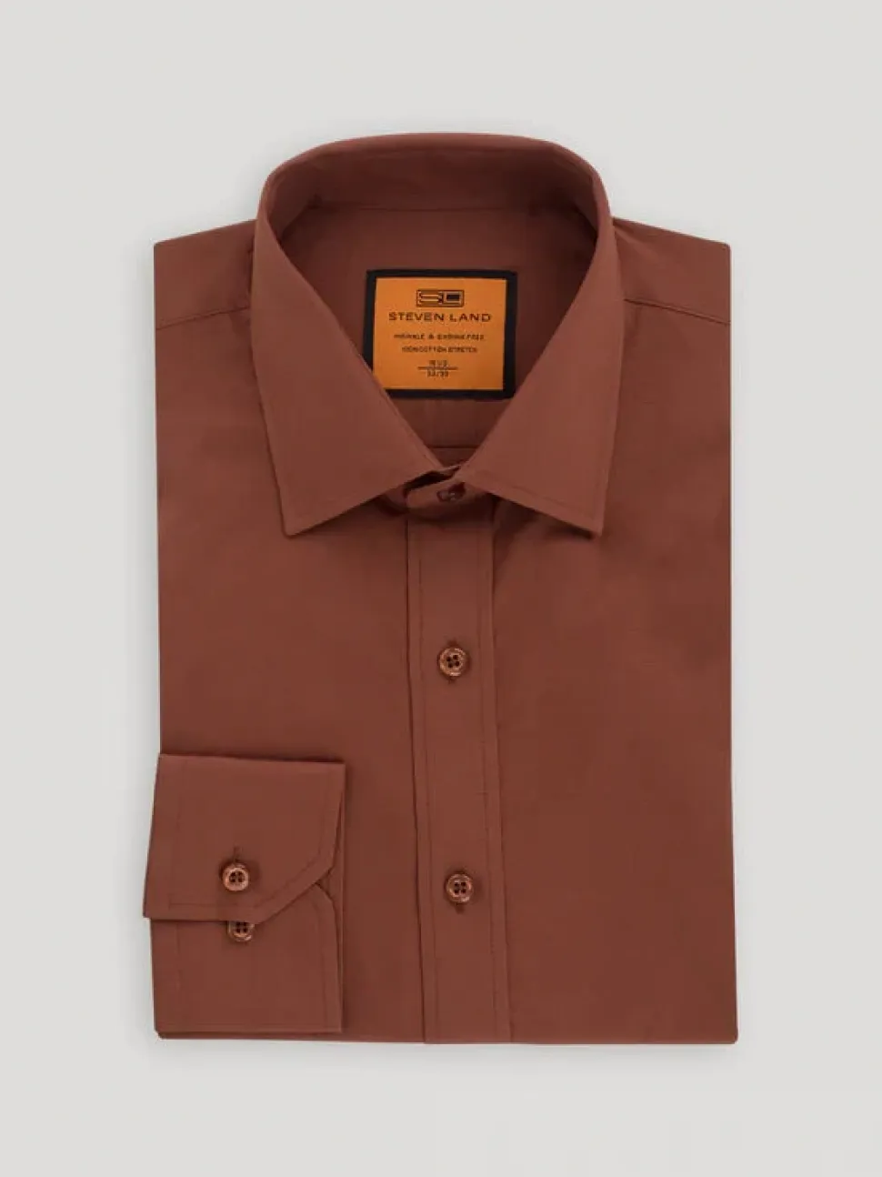 Steven Land Mens Solid Brown Slim Fit Spread Collar Wrinkle Free Stretch Cotton Dress Shirt