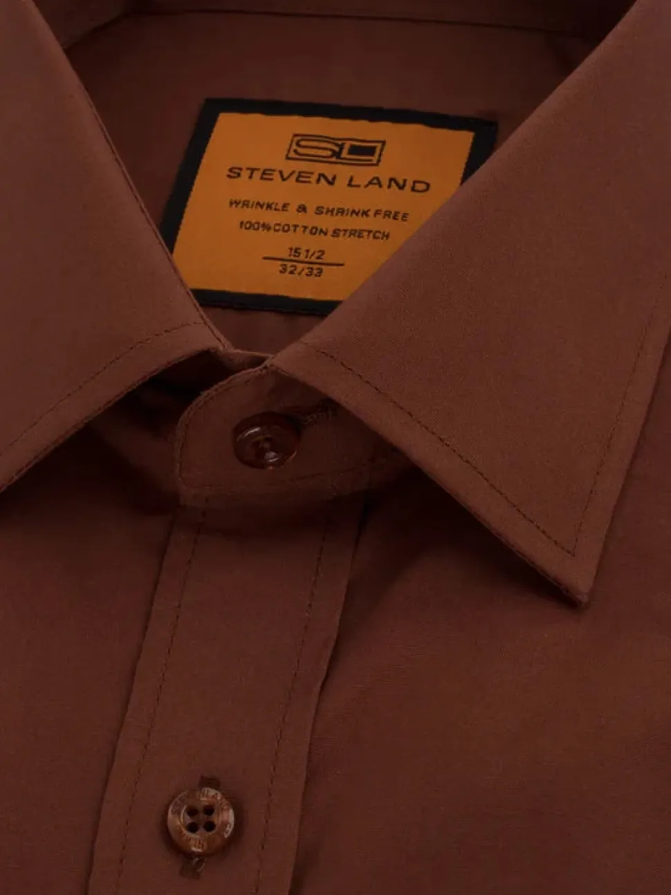 Steven Land Mens Solid Brown Slim Fit Spread Collar Wrinkle Free Stretch Cotton Dress Shirt