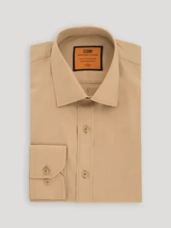Steven Land Men's Solid Khaki Tan Spread Collar Wrinkle Free Stretch Cotton Dress Shirt