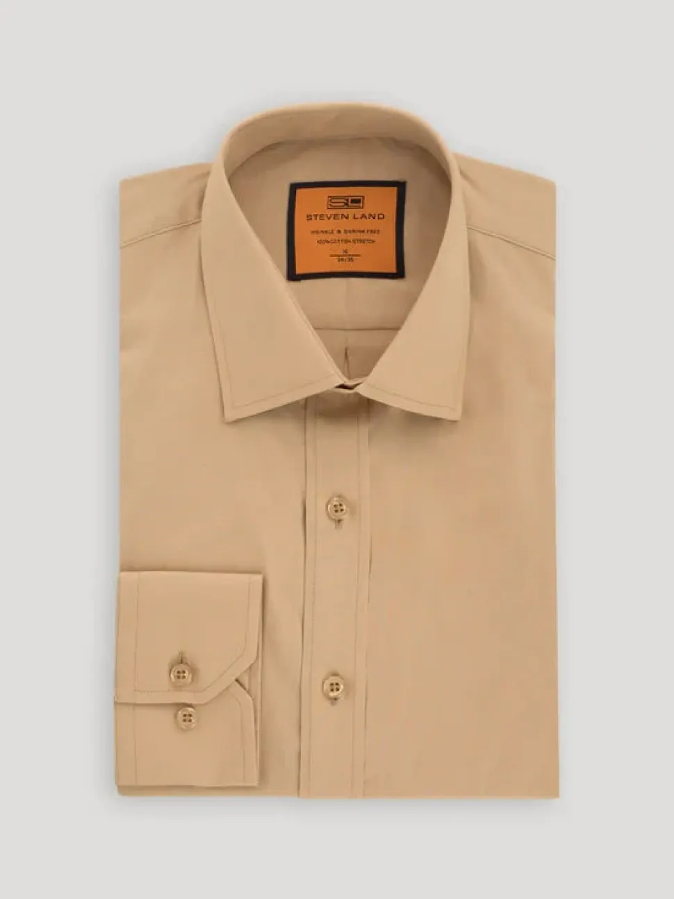 Steven Land Men's Solid Khaki Tan Spread Collar Wrinkle Free Stretch Cotton Dress Shirt
