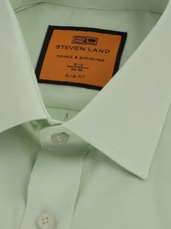 Steven Land Mens Solid Light Green Spread Collar Wrinkle Free Stretch Cotton Dress Shirt
