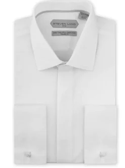 Steven Land Mens Solid White Regular Fit Cotton French Cuff Dress Shirt