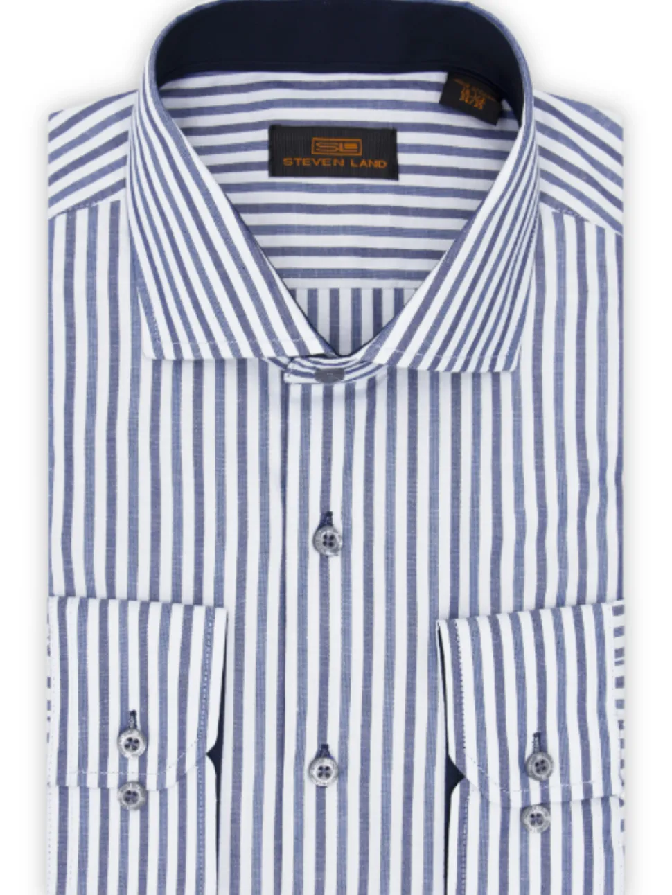 Steven Land Mens Striped Blue Classic Fit 100% Cotton Spread Collar Barrel cuff Dress Shirt