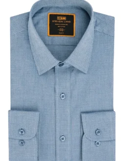 Steven Land Mens Textured Blue Spread Collar Wrinkle Shrink Free Cotton Dress Shirt