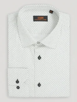 Steven Land Mens White & Black Dot Cotton Blend Stretch Spread Collar Dress Shirt