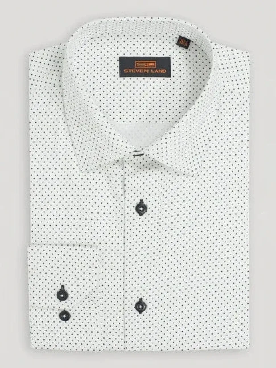 Steven Land Mens White & Black Dot Cotton Blend Stretch Spread Collar Dress Shirt