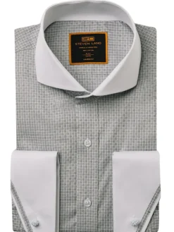 Steven Land Men's White Shirt with Black Check Cutaway Collar French Cuff Dress Shirt