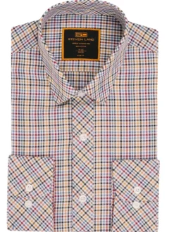 Steven Land Multicolor Plaid Spread Collar Slim Fit Wrinkle & Shrink Free Cotton Dress Shirt