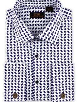 Steven Land Navy Houndstooth Classic Fit Spread Collar French Cuff Cotton Dress Shirt