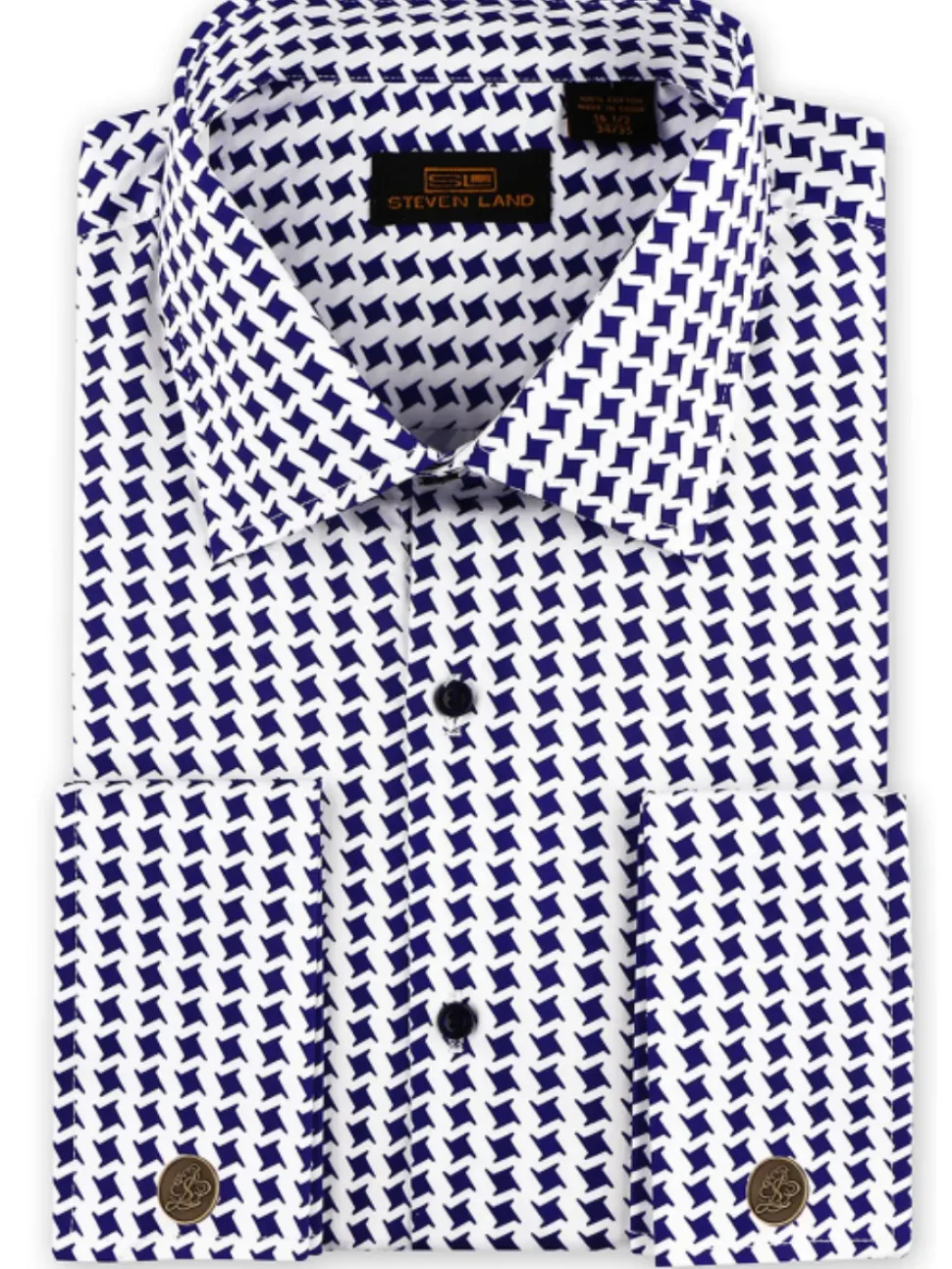 Steven Land Navy Houndstooth Classic Fit Spread Collar French Cuff Cotton Dress Shirt