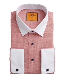 Steven Land Red Glen Plaid Spread Collar French Cuffs Wrinkle & Shrink Free Cotton Dress Shirt
