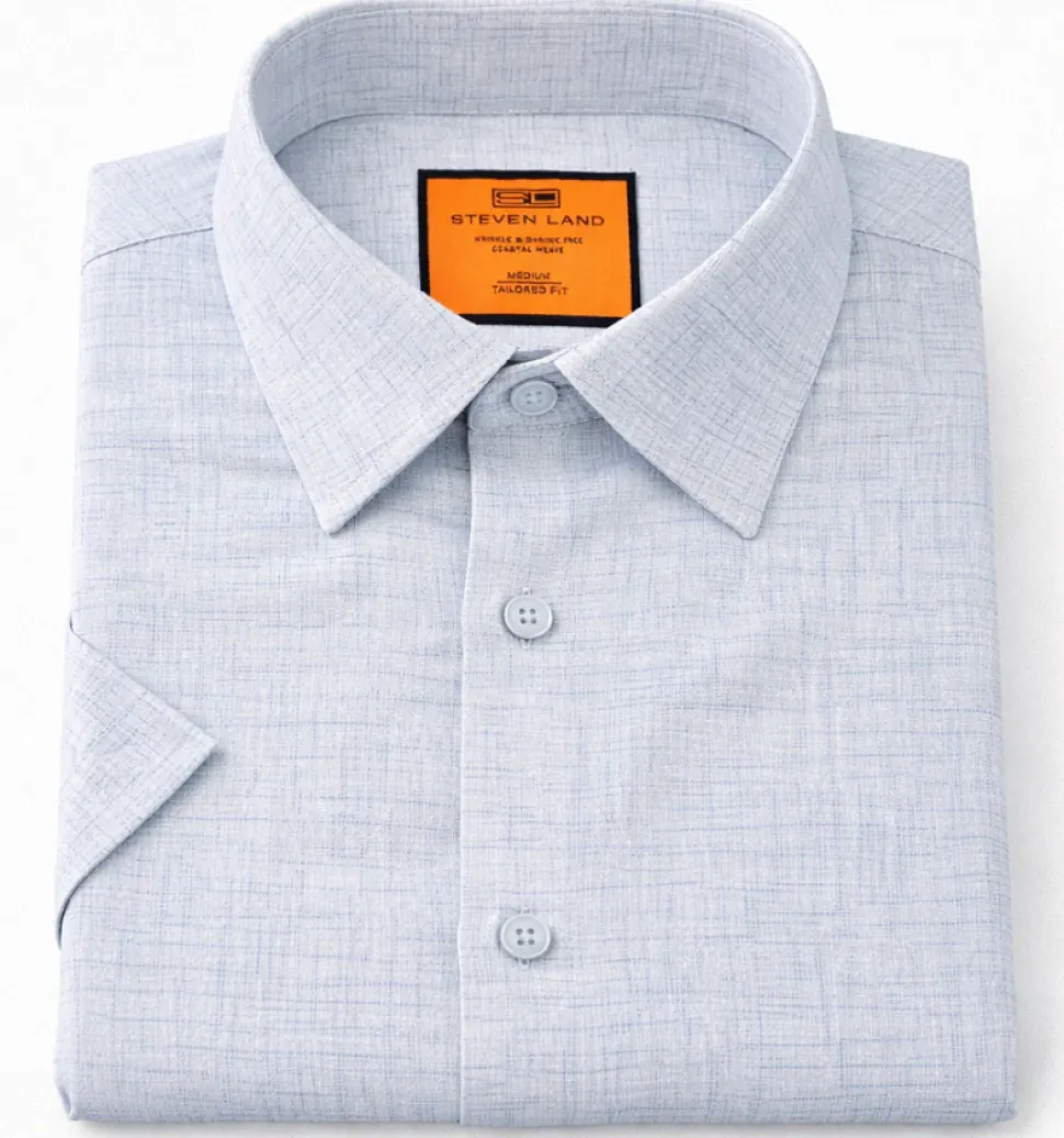 Steven Land Sky Blue Coastal Weave Tailored Fit Stretch Short Sleeve Shirt