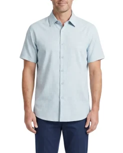 Steven Land Sky Blue Coastal Weave Tailored Fit Stretch Short Sleeve Shirt