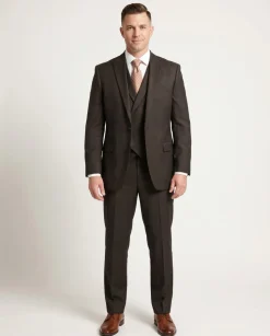 Steven Land Solid Dark Brown Vested One Button Wool Suit Peak Lapels