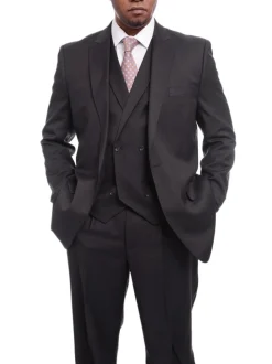 Steven Land Solid Dark Brown Vested One Button Wool Suit Peak Lapels