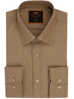 Steven Land Textured Golden Brown Slim Fit Spread Collar Wrinkle Shrink Free Cotton Dress Shirt
