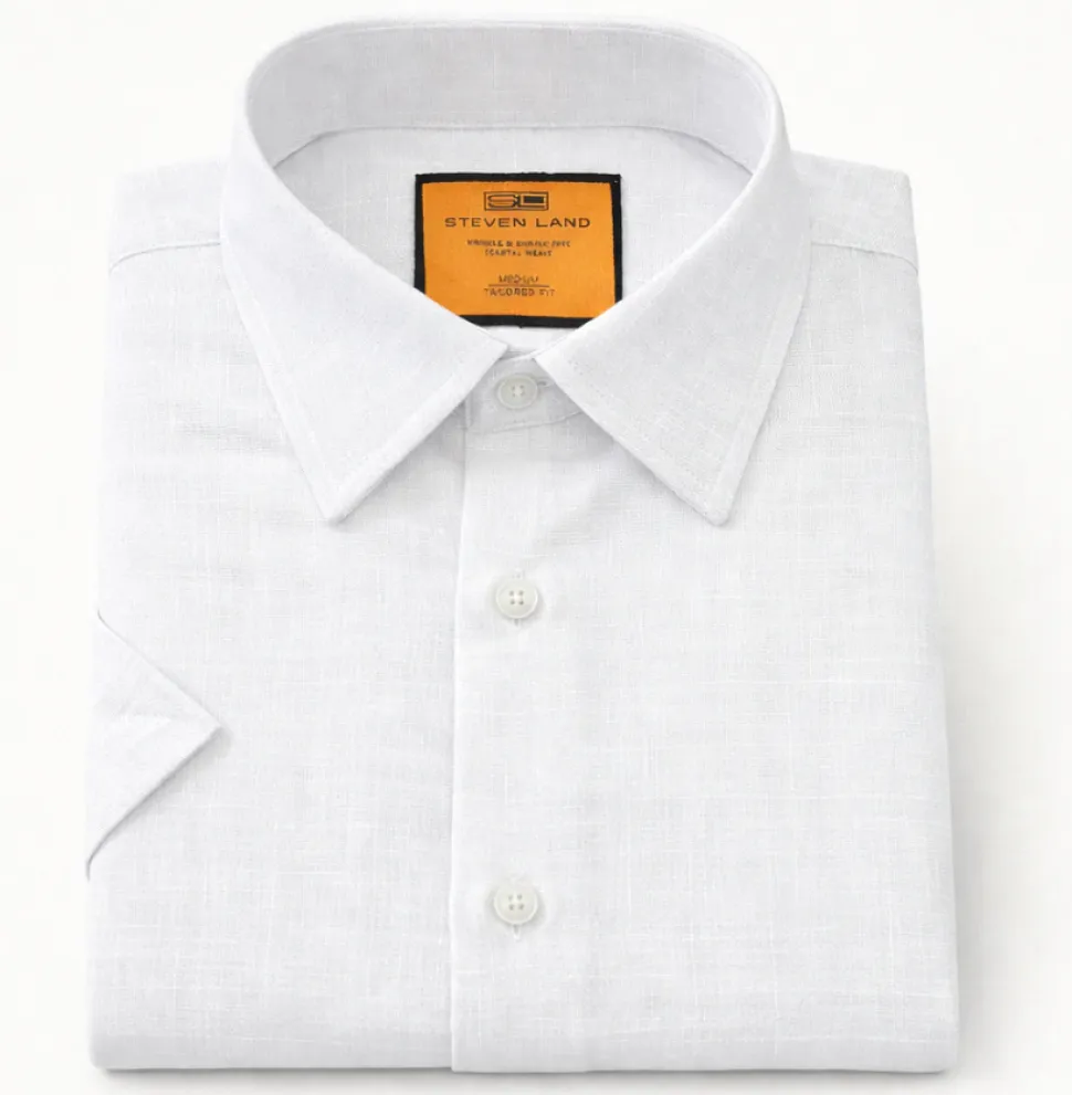 Steven Land White Coastal Weave Tailored Fit Stretch Short Sleeve Shirt