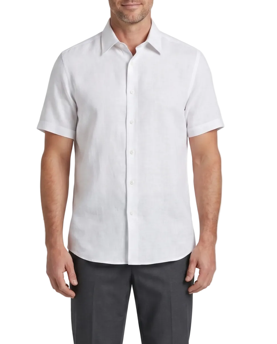 Steven Land White Coastal Weave Tailored Fit Stretch Short Sleeve Shirt