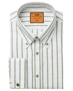Steven Land White & Sage Green Striped Button-Down Collar French Cuff Cotton Dress Shirt