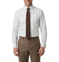 Steven Land White & Sage Green Striped Button-Down Collar French Cuff Cotton Dress Shirt
