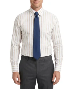 Steven Land White & Walnut Striped Button-Down Collar French Cuff Cotton Dress Shirt