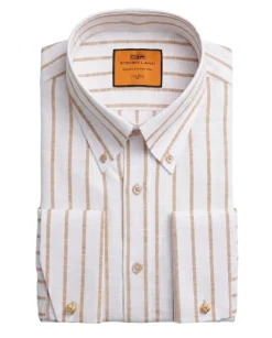 Steven Land White & Walnut Striped Button-Down Collar French Cuff Cotton Dress Shirt