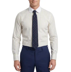Steven Land Yellow & Blue Striped Club Collar French Cuff Cotton Dress Shirt