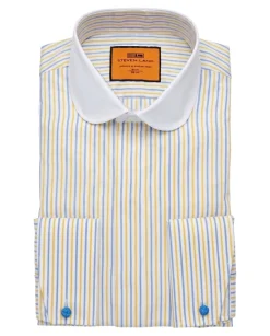 Steven Land Yellow & Blue Striped Club Collar French Cuff Cotton Dress Shirt