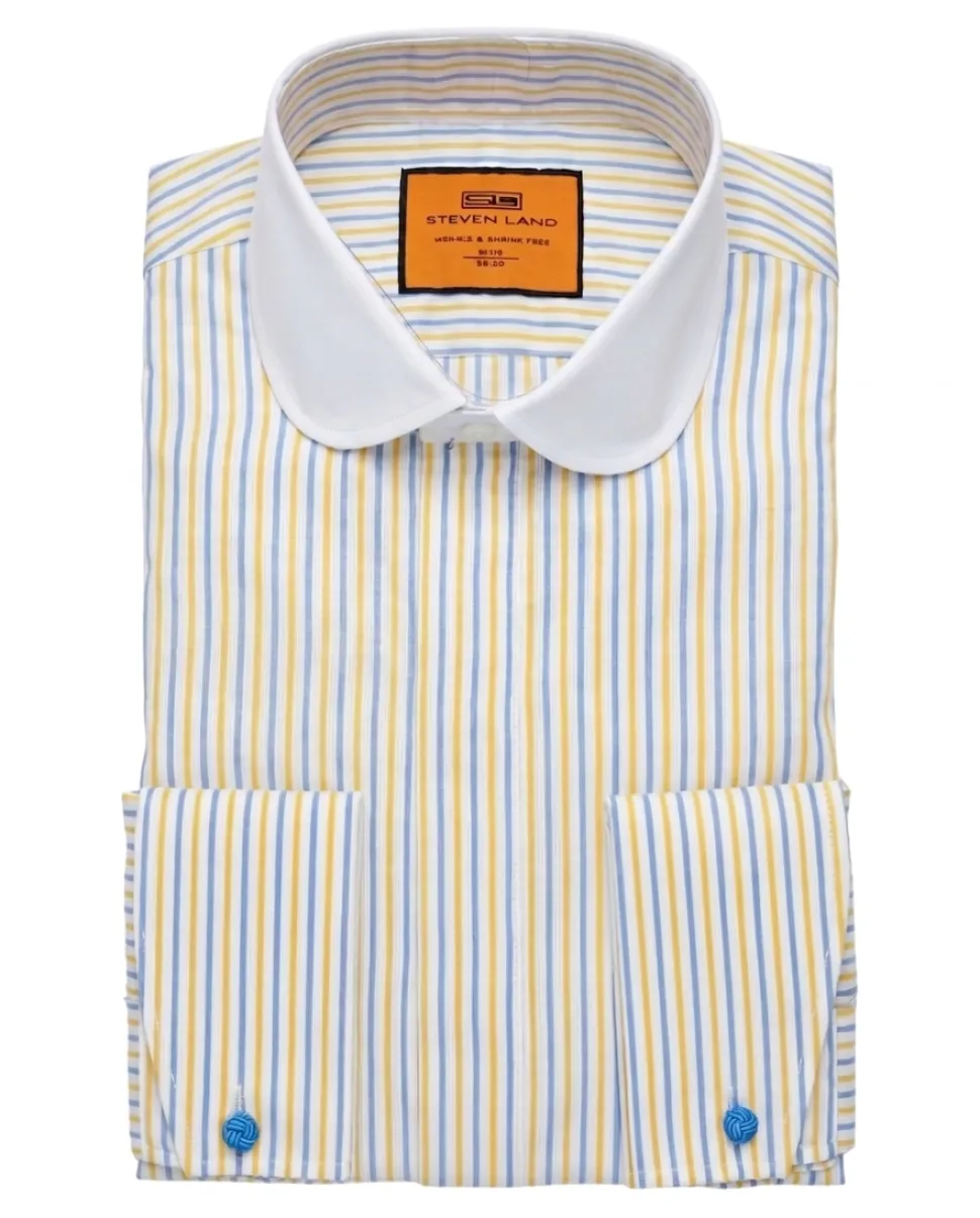 Steven Land Yellow & Blue Striped Club Collar French Cuff Cotton Dress Shirt