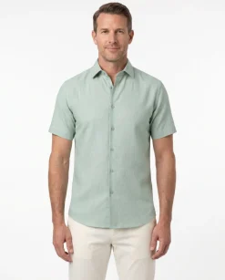 Suslo Couture Green Cotton Linen Blend Slim Fit Button-Up Spread Collar Casual Shirt