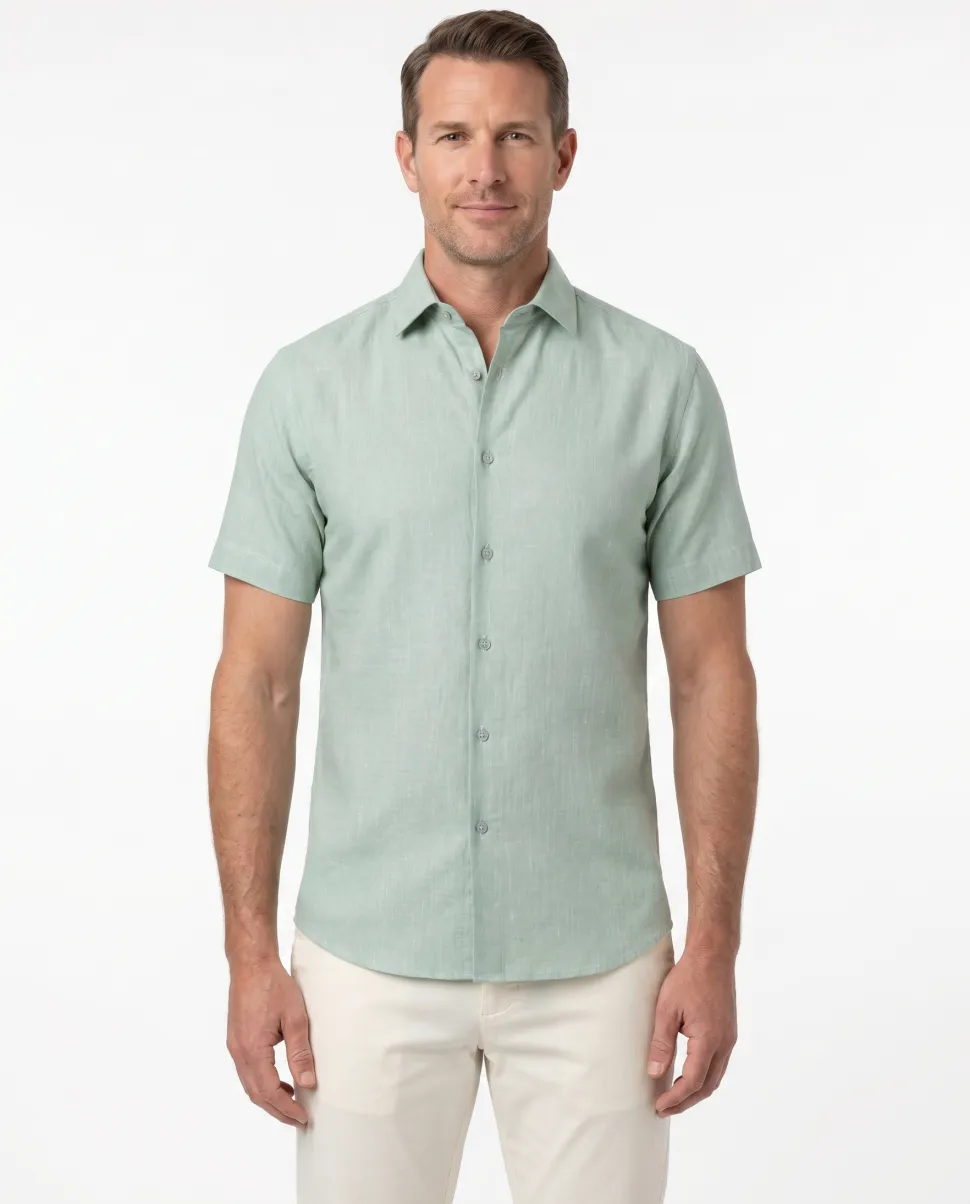 Suslo Couture Green Cotton Linen Blend Slim Fit Button-Up Spread Collar Casual Shirt