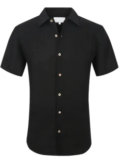 Suslo Couture Mens Black Linen Blend Button-Up Spread Collar Casual Shirt