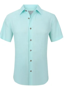 Suslo Couture Mens Mint Linen Blend Button-Up Spread Collar Casual Shirt