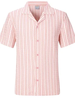 Suslo Couture Mens Pink and White Striped Cuban Collar Slim Fit Stretch Shirt