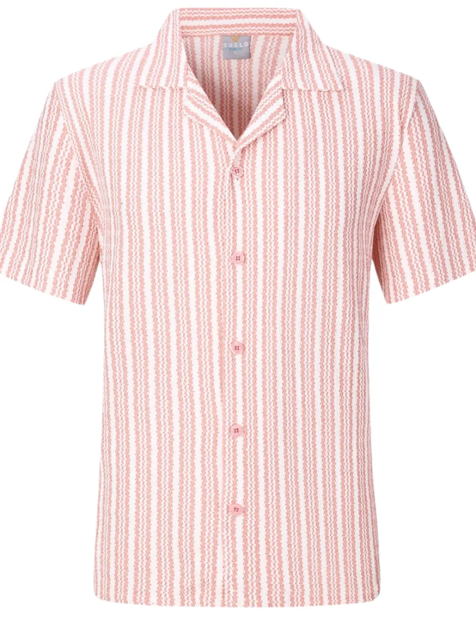 Suslo Couture Mens Pink and White Striped Cuban Collar Slim Fit Stretch Shirt