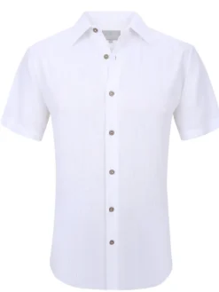 Suslo Couture Mens White Linen Blend Button-Up Spread Collar Casual Shirt