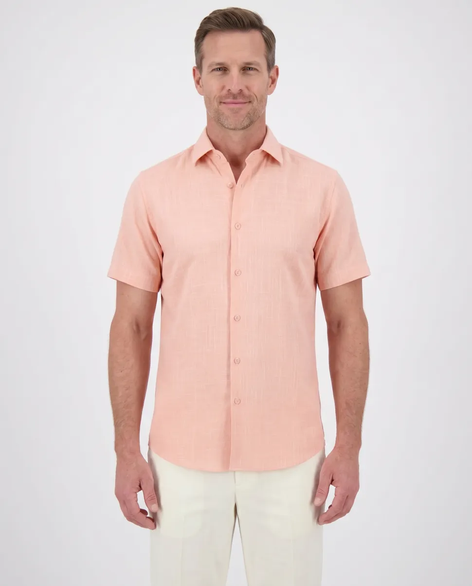 Suslo Couture Peach Cotton Linen Blend Slim Fit Button-Up Casual Shirt