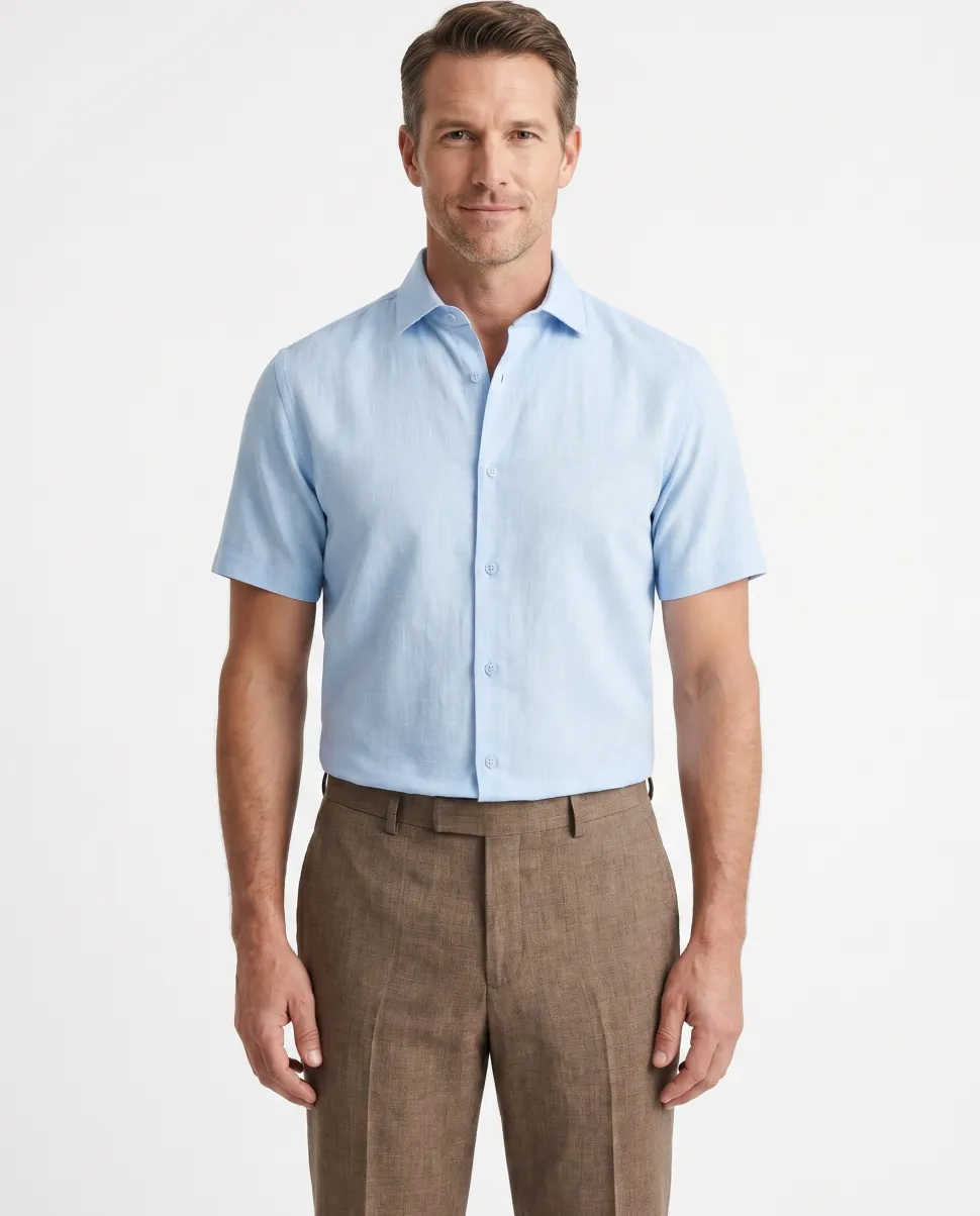 Suslo Couture Sky Blue Cotton Linen Blend Slim Fit Button-Up Casual Shirt