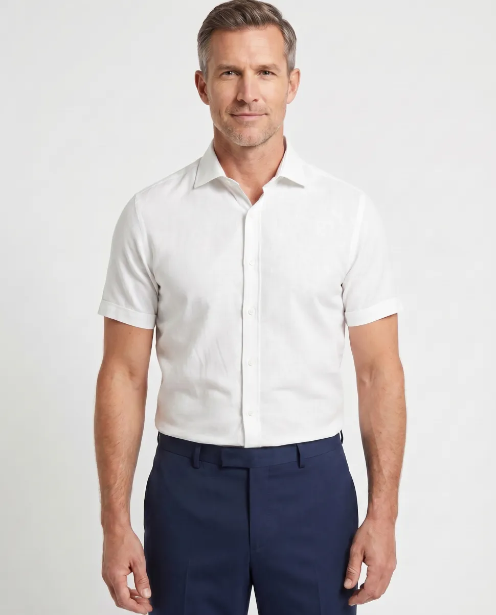 Suslo Couture White Cotton Linen Blend Slim Fit Spread Collar Button-Up Casual Shirt