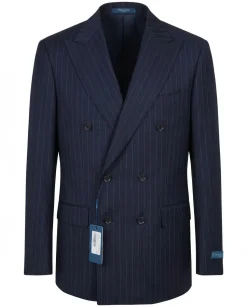 Tovaglia Mens Blue Pinstriped Classic Fit Peak Lapel Double Breasted Wool Suit