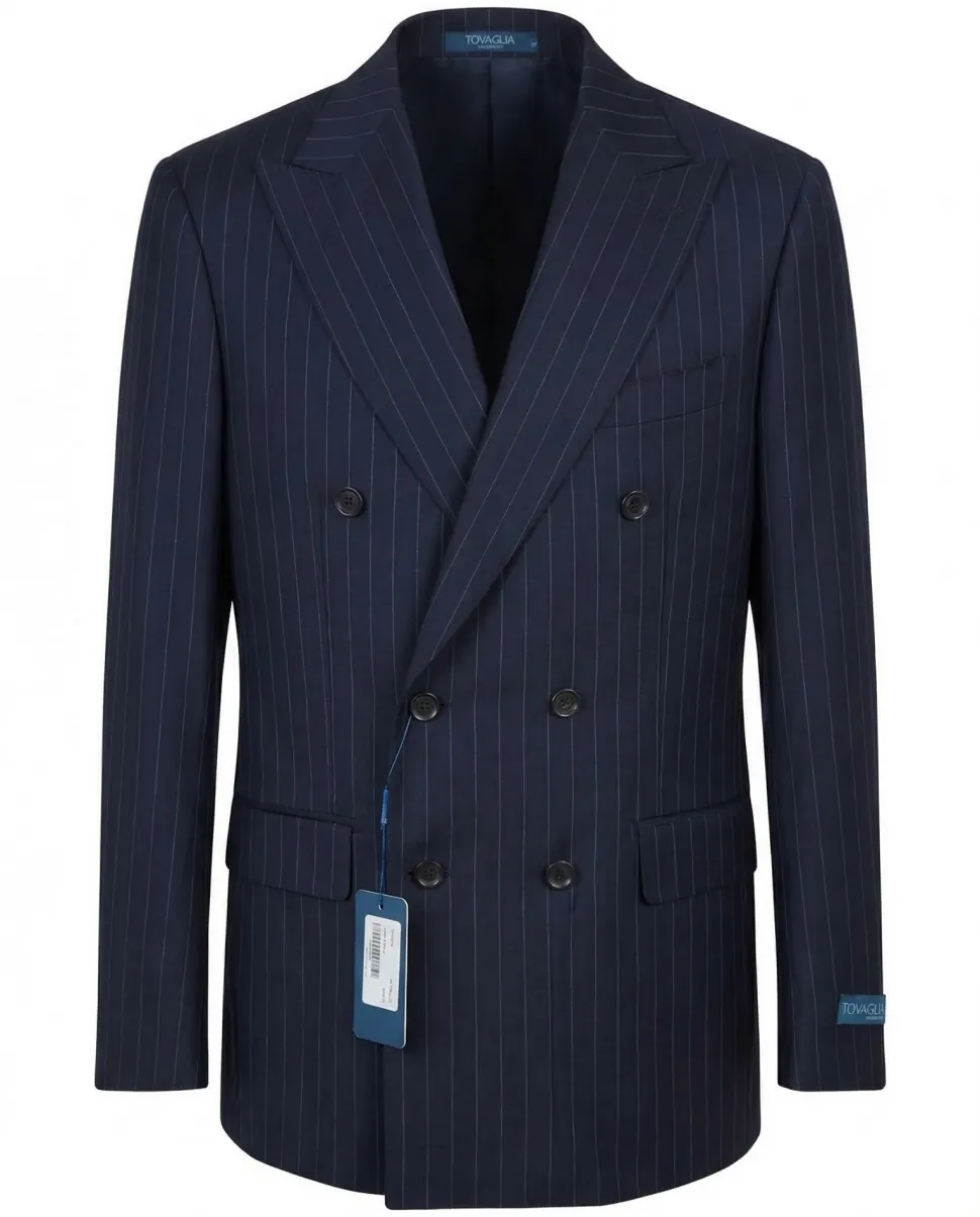 Tovaglia Mens Blue Pinstriped Classic Fit Peak Lapel Double Breasted Wool Suit