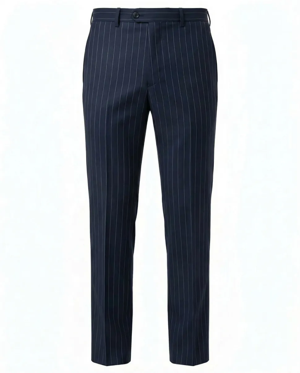 Tovaglia Mens Blue Pinstriped Classic Fit Peak Lapel Double Breasted Wool Suit