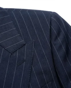 Tovaglia Mens Blue Pinstriped Classic Fit Peak Lapel Double Breasted Wool Suit