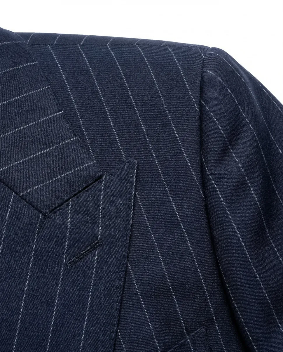 Tovaglia Mens Blue Pinstriped Classic Fit Peak Lapel Double Breasted Wool Suit