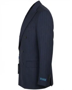 Tovaglia Mens Blue Pinstriped Classic Fit Peak Lapel Double Breasted Wool Suit