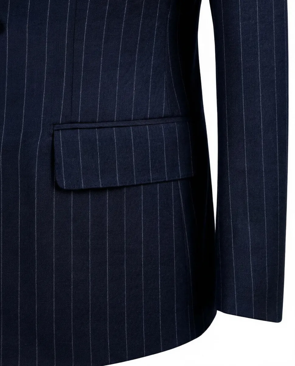 Tovaglia Mens Blue Pinstriped Classic Fit Peak Lapel Double Breasted Wool Suit