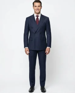 Tovaglia Mens Blue Pinstriped Classic Fit Peak Lapel Double Breasted Wool Suit