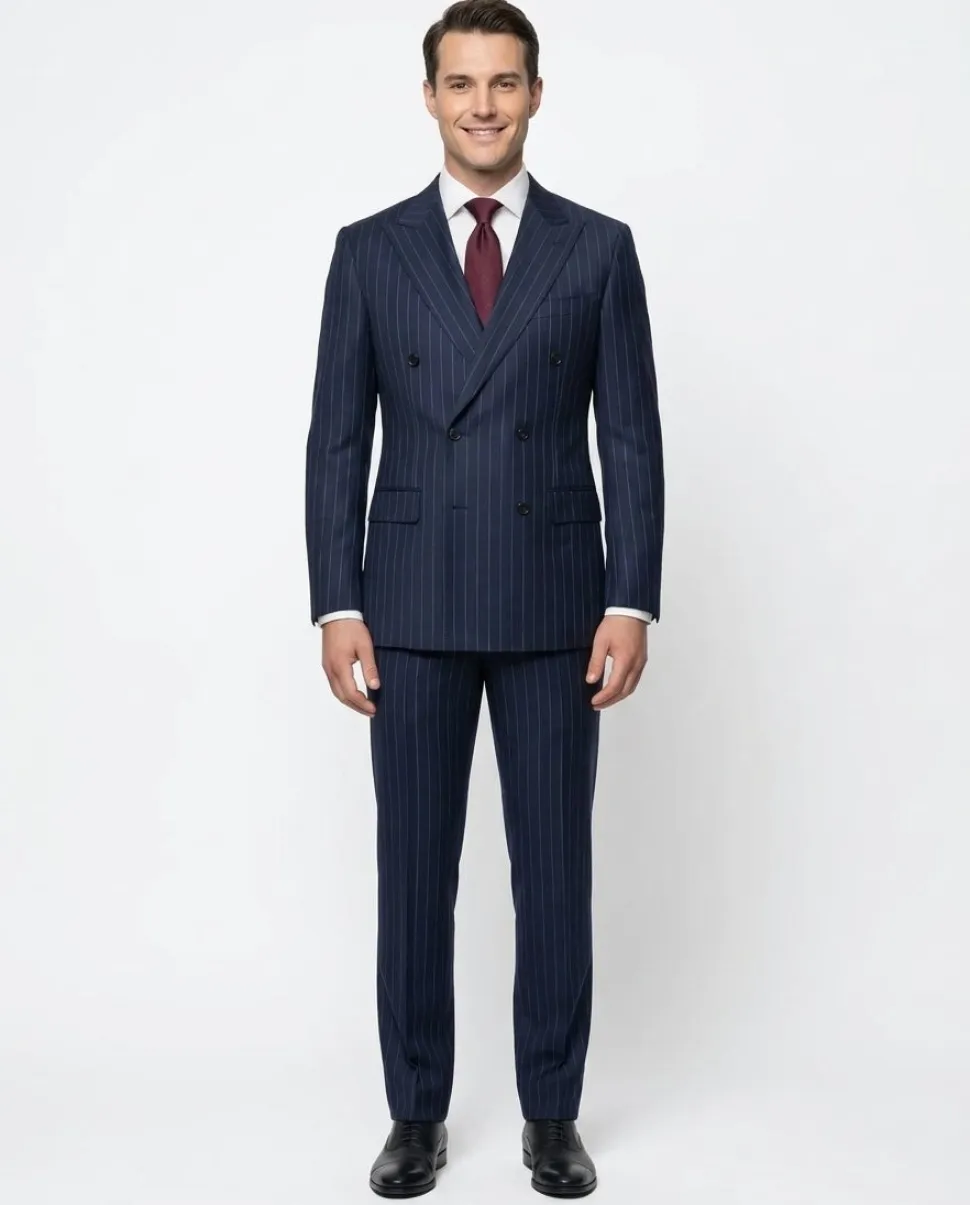 Tovaglia Mens Blue Pinstriped Classic Fit Peak Lapel Double Breasted Wool Suit