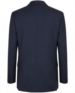 Tovaglia Mens Blue Pinstriped Classic Fit Peak Lapel Double Breasted Wool Suit
