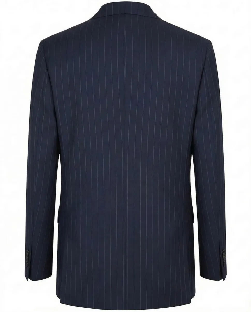 Tovaglia Mens Blue Pinstriped Classic Fit Peak Lapel Double Breasted Wool Suit
